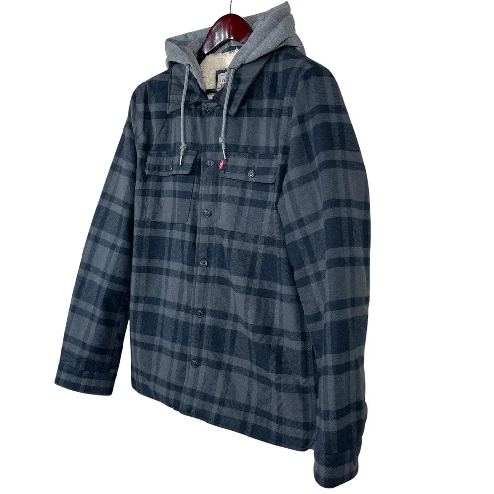 Levis Sherpa Lined Hooded Shirt Jacket Mens M Cotton Plaid Workwear Shacket